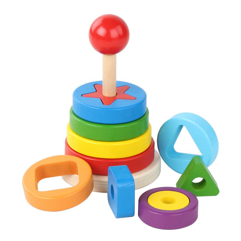 Wooden double-layer multi-sided circular building blocks for children's early education and intelligence, shape matching set rainbow Tower toys details Picture