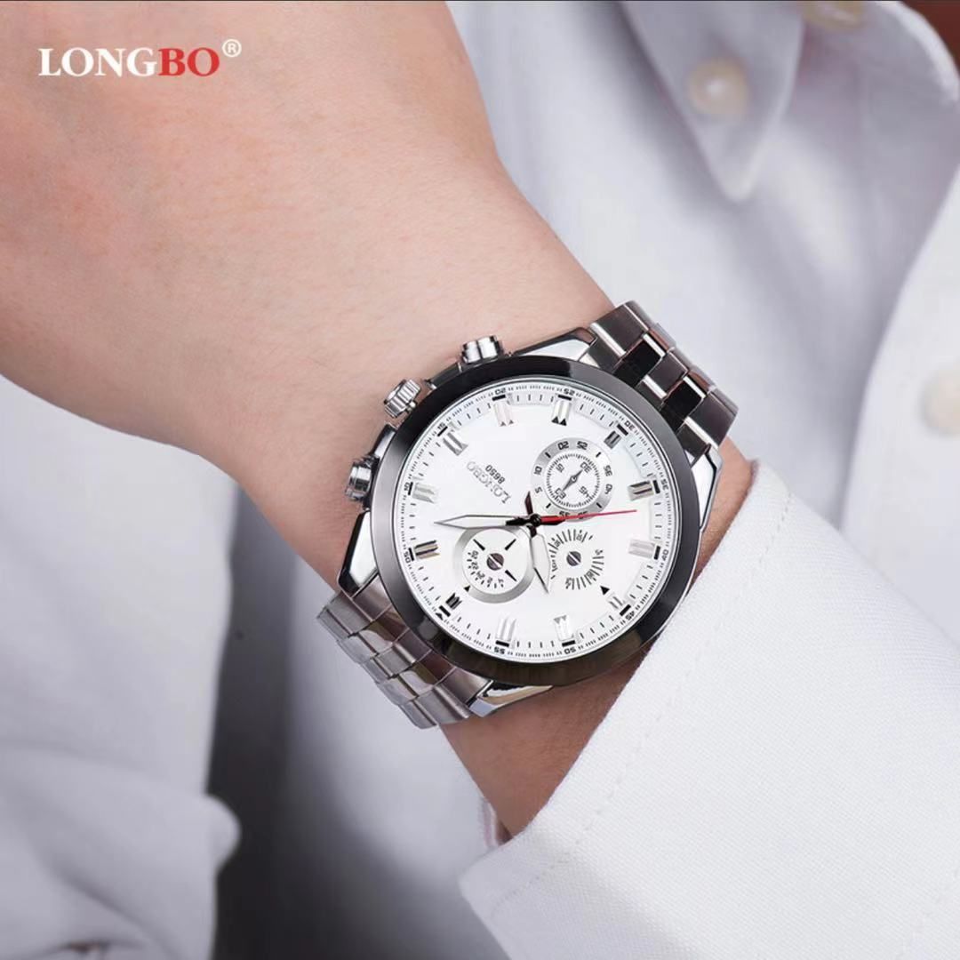 LONGBO龙波休闲夜光多功能钢带防水男士石英手表产品图