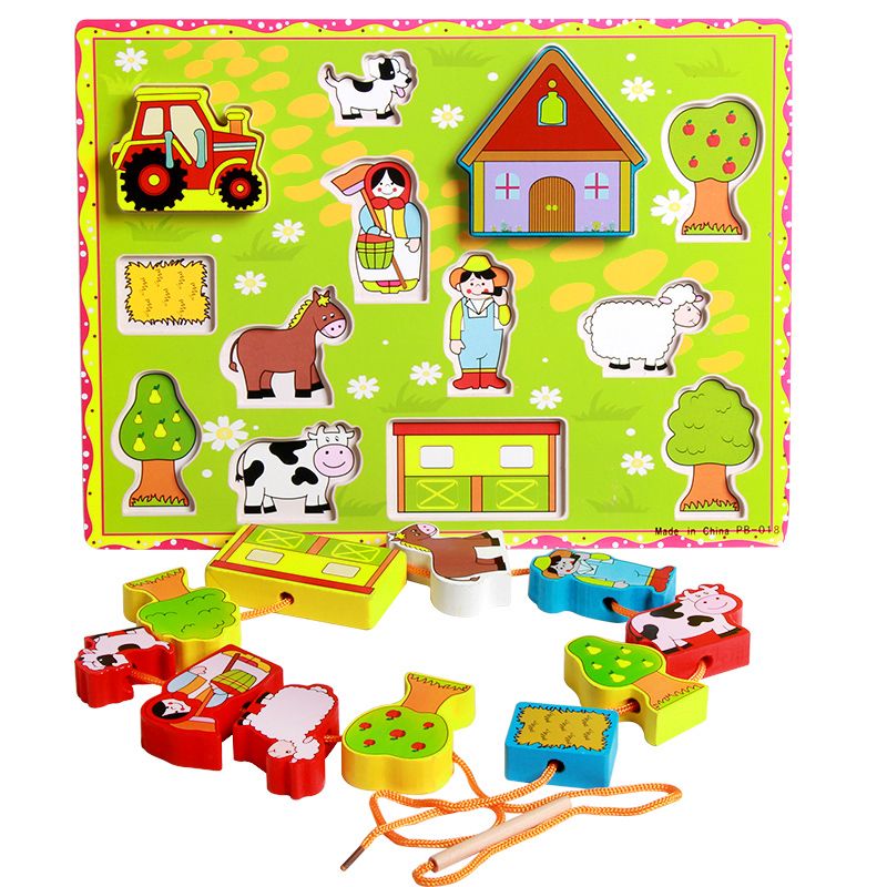 The wooden farm animal stringing board is highly entertaining and colorful, which can exercise babies' hand-eye coordination, visual ability, logical thinking ability, early education enlightenment training, and parent-child games details Picture
