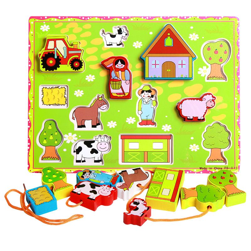The wooden farm animal stringing board is highly entertaining and colorful, which can exercise babies' hand-eye coordination, visual ability, logical thinking ability, early education enlightenment training, and parent-child games Application Scenario