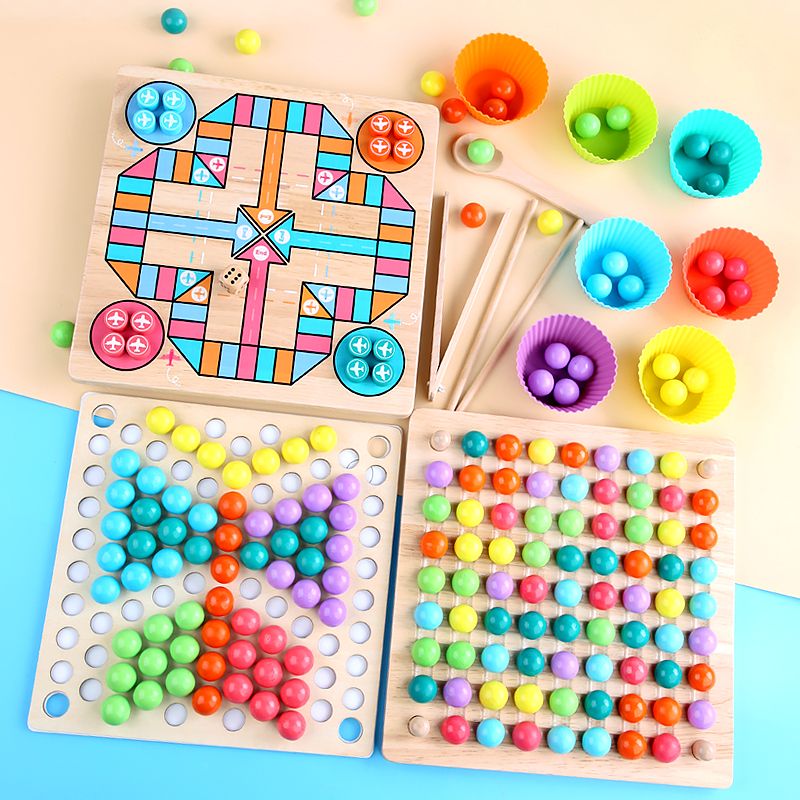 The three-in-one game of wooden match-3, bead-picking and flying chess is highly entertaining. It can exercise babies' hand-eye coordination, visual ability, logical thinking ability, early education and enlightenment training, and is a parent-child game