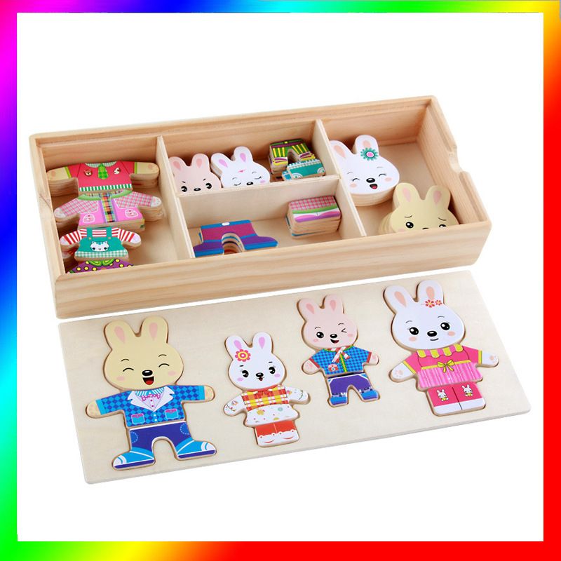 Rabbit changing clothes jigsaw puzzle DIY game children simulation wooden puzzle cognitive matching toy wooden box puzzles