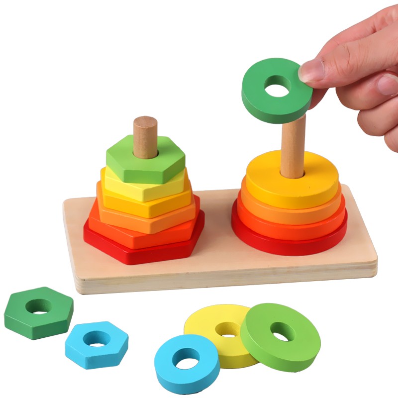 The wooden toy double-tower set column is highly entertaining and colorful, which can exercise babies' hand-eye coordination, visual ability, logical thinking ability, and early education enlightenment training. It is a parent-child game detail image 11
