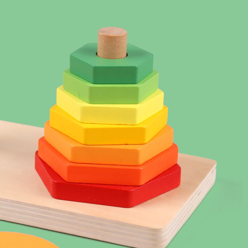 The wooden toy double-tower set column is highly entertaining and colorful, which can exercise babies' hand-eye coordination, visual ability, logical thinking ability, and early education enlightenment training. It is a parent-child game