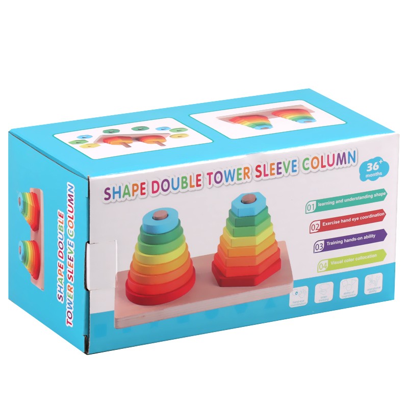 The wooden toy double-tower set column is highly entertaining and colorful, which can exercise babies' hand-eye coordination, visual ability, logical thinking ability, and early education enlightenment training. It is a parent-child game detail image 12