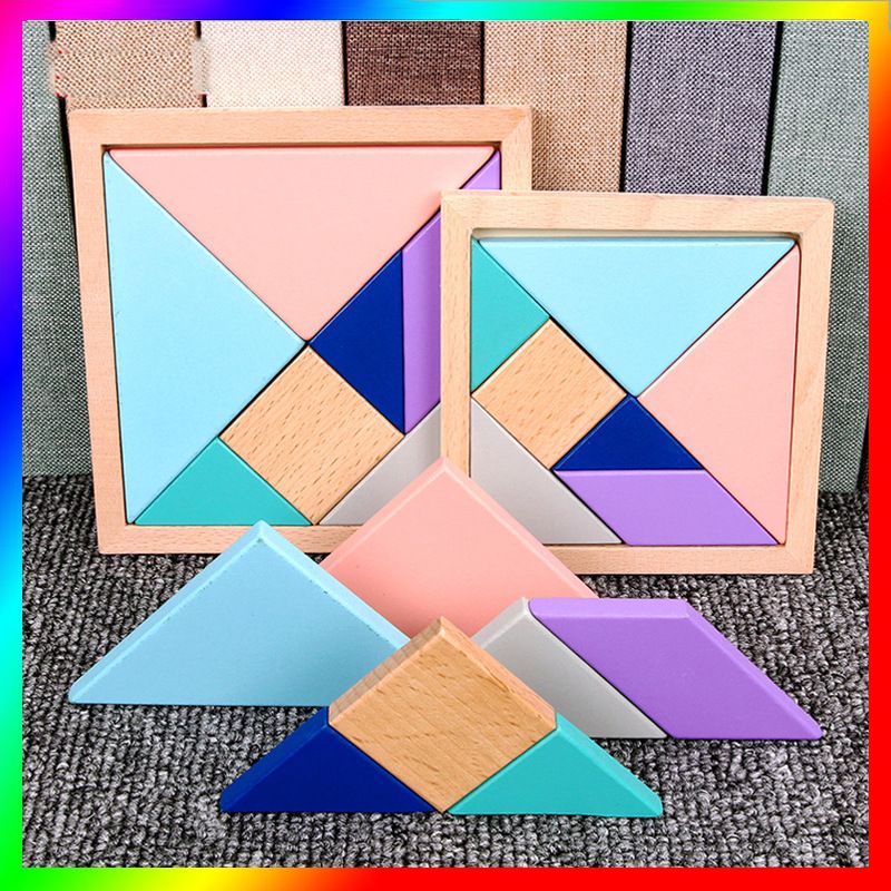 Macaron-colored tangram wooden jigsaw puzzle for early education and intelligence, geometric shape and color recognition, wholesale from the manufacturer