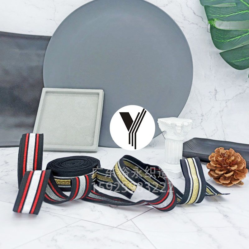 Factory wholesale of gold and silver scallion edge straps in stock, gold and silver wire elastic webbing, colorful shoes, bags, skirts, pants and clothing accessories details Picture