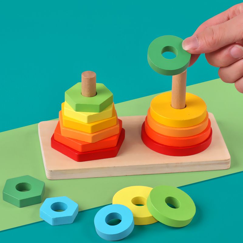 The wooden toy double-tower set column is highly entertaining and colorful, which can exercise babies' hand-eye coordination, visual ability, logical thinking ability, and early education enlightenment training. It is a parent-child game Specification image