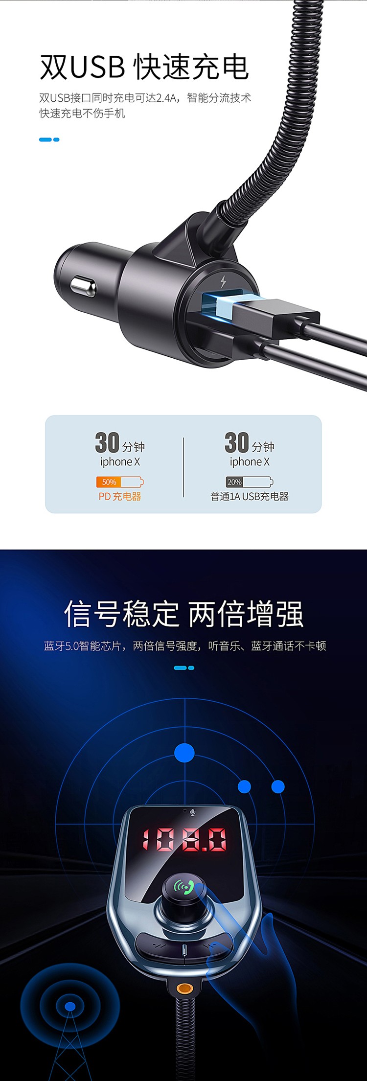 新款车载蓝牙mp3播放器蓝牙免提蓝牙播放器fm发射器双口车充详情5