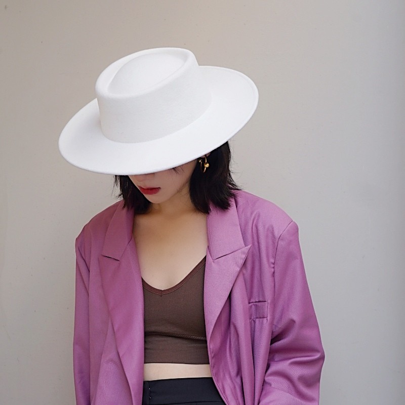 网红同款白色羊毛呢平顶礼帽女秋冬法式复古优雅百搭英伦毛毡宽檐详情图1