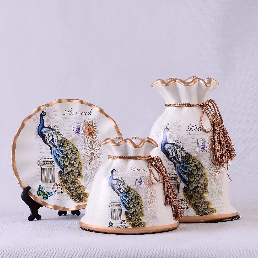 2026 Light Luxury Golden Edge Ceramic Vase, Crystal Handicraft, TV Cabinet Ornament, Decorative Item, Perfect Home Ornament Three-piece set pic 4