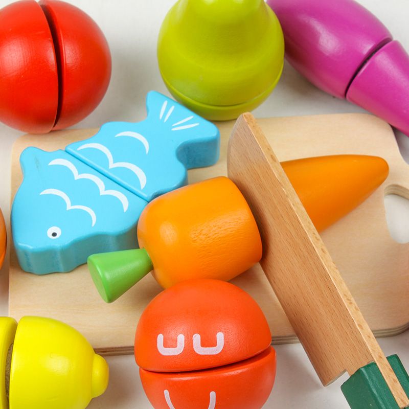 Wooden toys, educational games, hands-on ability cultivation, strong fun, rich colors, logical thinking ability exercise, parent-child games, bucket of vegetables and fruits, cut and look Specification image