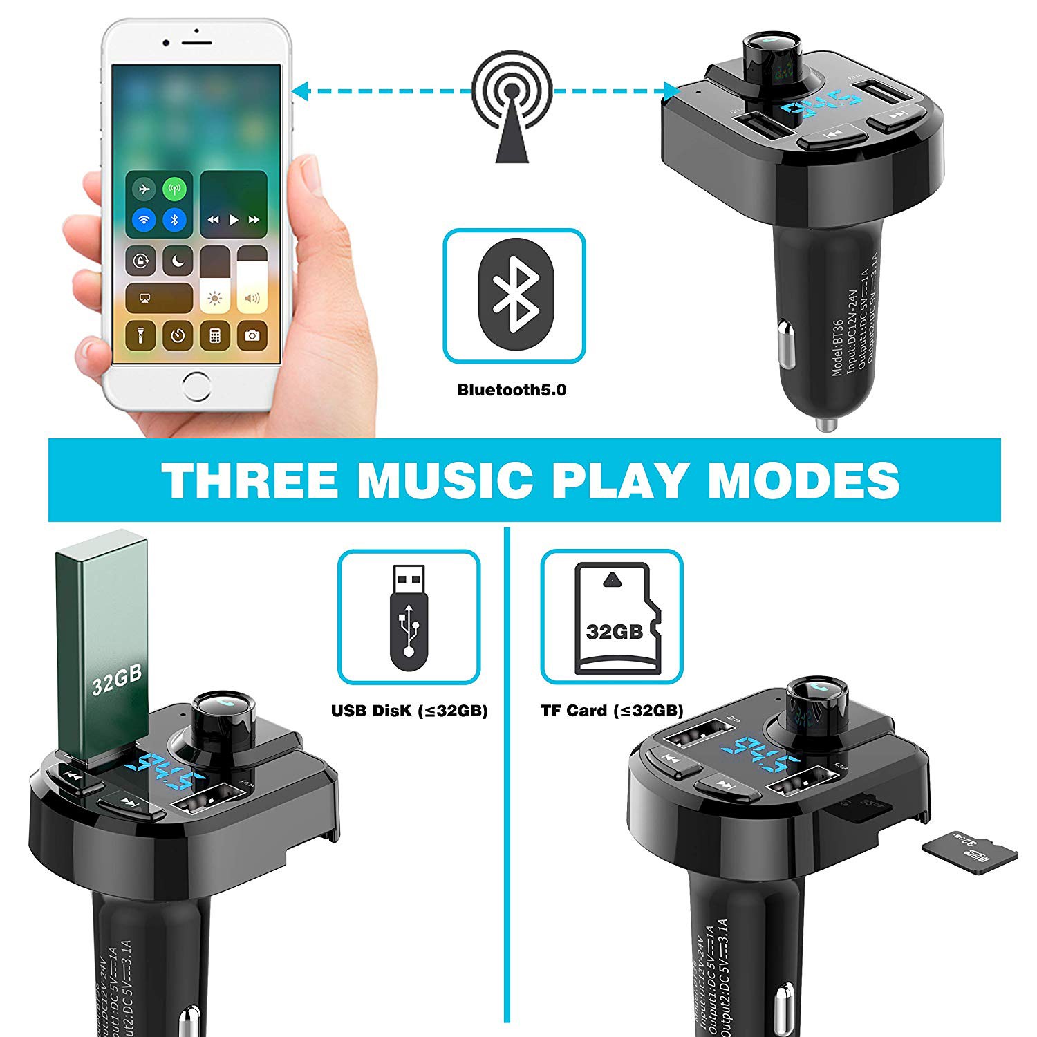车载MP3 蓝牙免提 QC3.0快充车充 FM发射器 汽车充电器 车载蓝牙详情5