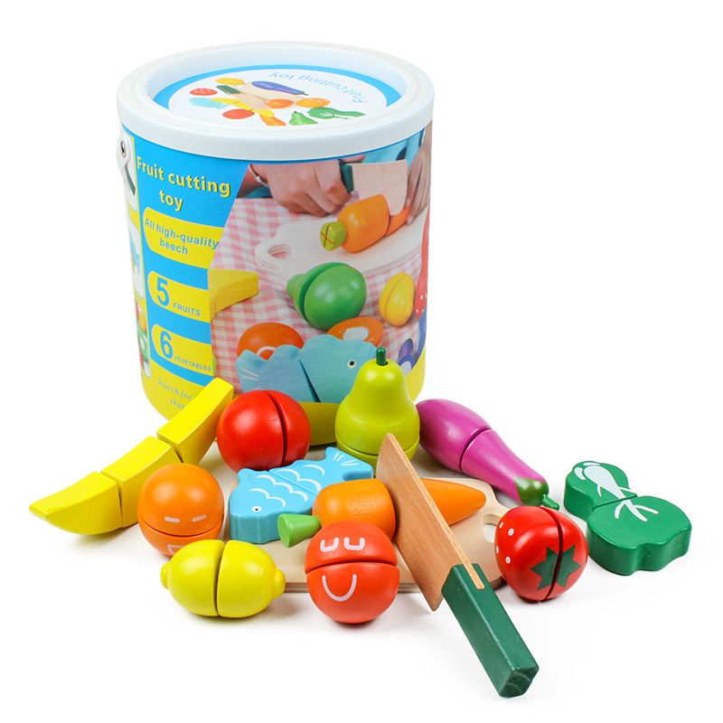 Wooden toys, educational games, hands-on ability cultivation, strong fun, rich colors, logical thinking ability exercise, parent-child games, bucket of vegetables and fruits, cut and look