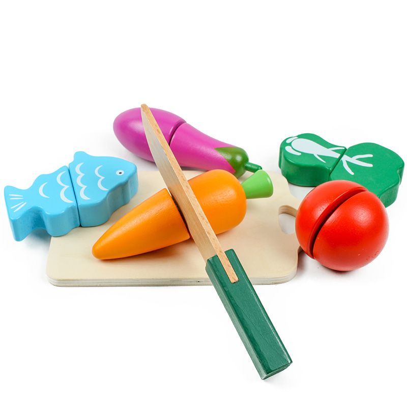 Wooden toys, educational games, hands-on ability cultivation, strong fun, rich colors, logical thinking ability exercise, parent-child games, bucket of vegetables and fruits, cut and look Item Picture