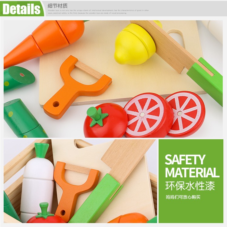 Wooden toys are highly entertaining and come in a variety of colors. They are educational games that cultivate hands-on skills and logical thinking abilities. They are also good for parent-child games. The wooden box vegetables are cut and looked at detail image 9