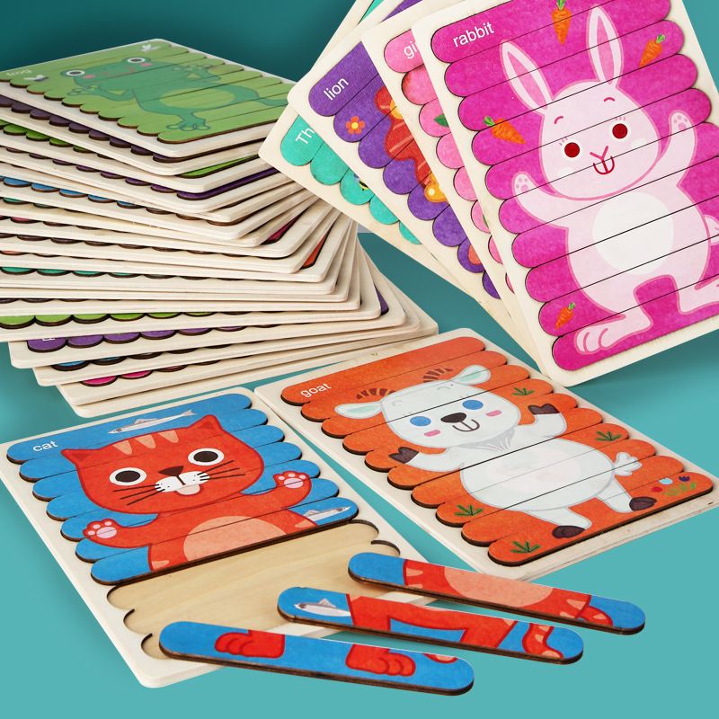 Strip puzzle wooden cartoon animal ice cream stick puzzle for children aged 3-6, early education dinosaur board toy stick