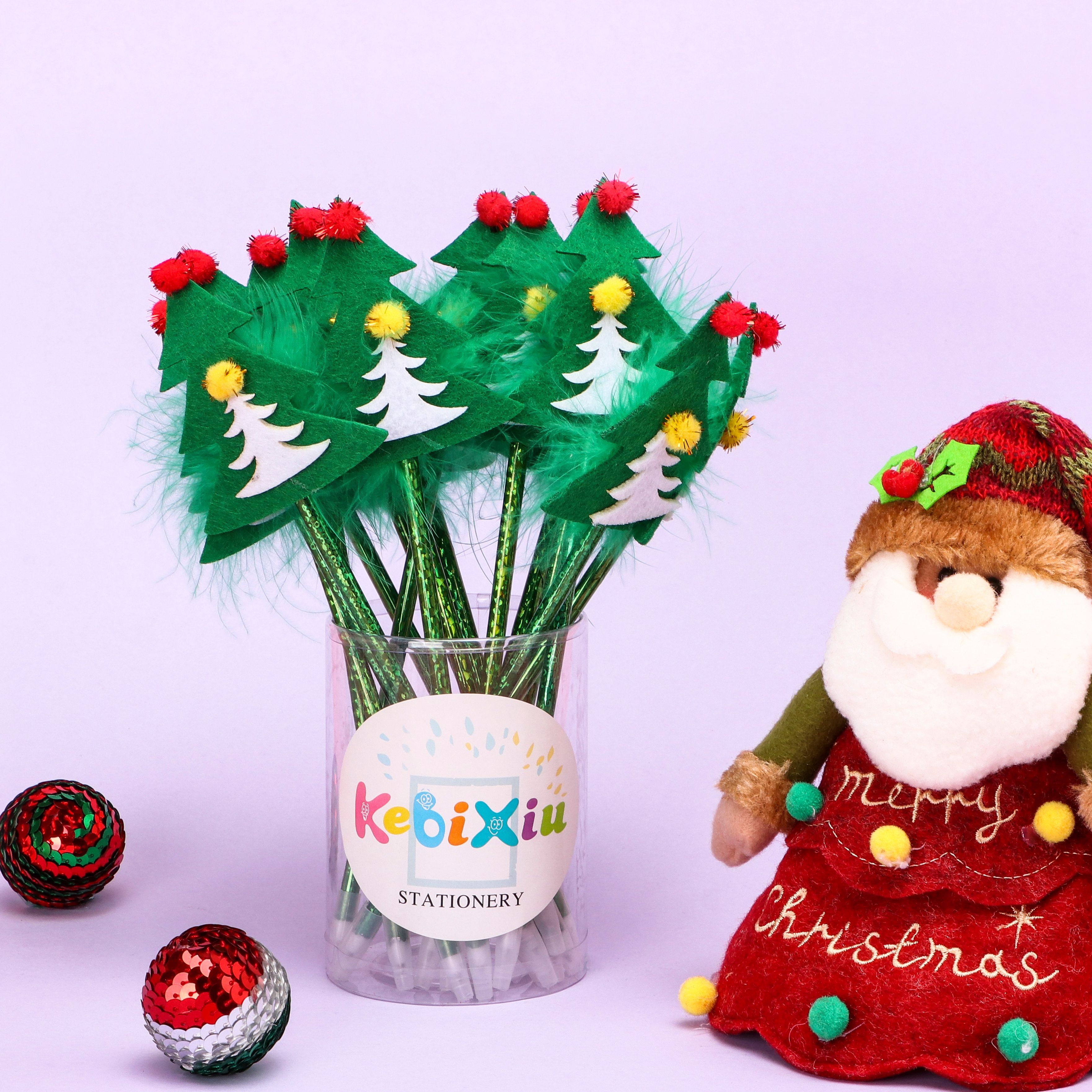 可笔秀文具办公文化创意圣诞节文具笔 玻璃丝圣诞树签字笔 厂家批发定制油性中性笔