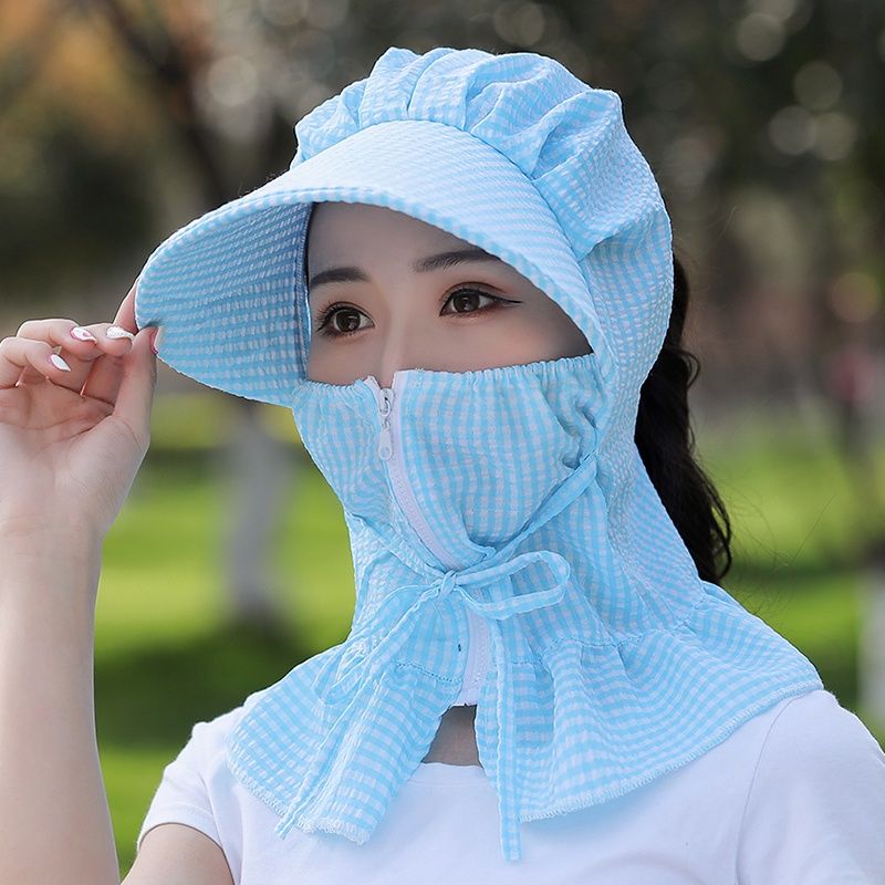 JQ 靜俏 藍色夏季防曬帽女士遮臉遮臉韓版潮百搭紫外線大沿媽媽帽子全臉太陽帽