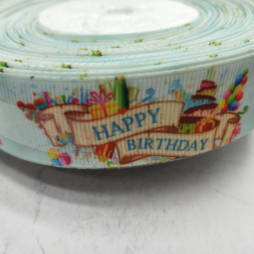 2.5CM thread with digital printing DIY production Light Green Birthday series Happy birthday