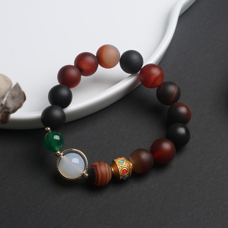 天然磨砂梦幻玛瑙手链 古法金配饰 路路通玛瑙手串尼泊尔民族风详情图4