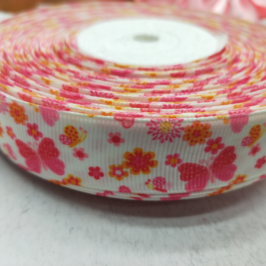 2.5CM螺纹带数码印刷 DIY制作 白底玫红蝴蝶