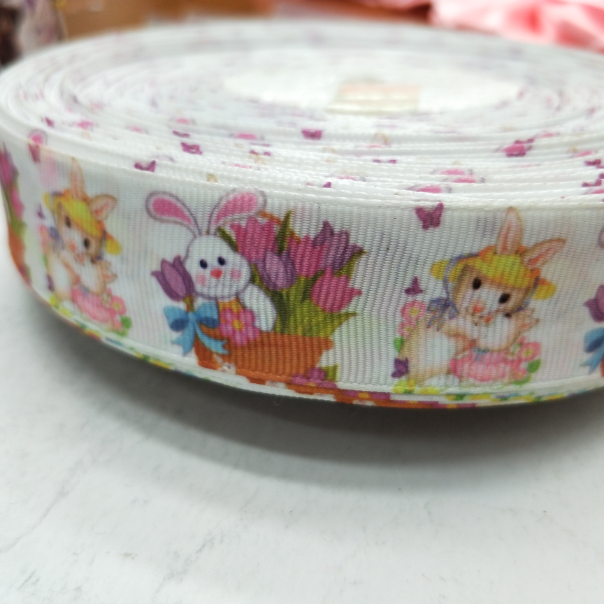 2.5CM螺纹带数码印刷 DIY制作 白底兔子开花车
