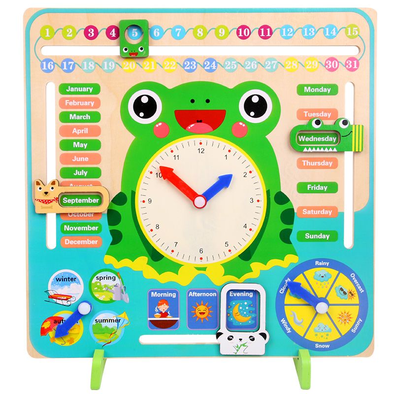 Wooden toys for early education cognition, frog clock toys, parent-child partner games, logical thinking ability cultivation, strong fun, rich colors, early education enlightenment practice, exercise hand-eye coordination ability
