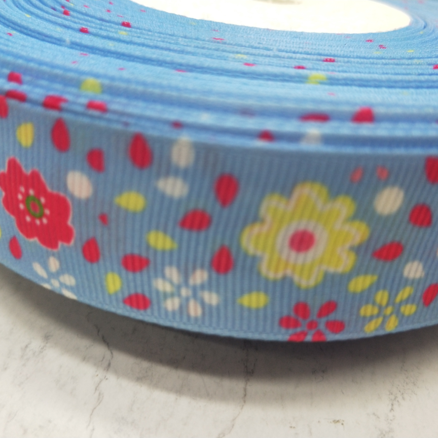 2.5CM螺纹带数码印刷 DIY制作 蓝底水滴红黄花