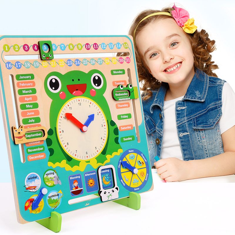 Wooden toys for early education cognition, frog clock toys, parent-child partner games, logical thinking ability cultivation, strong fun, rich colors, early education enlightenment practice, exercise hand-eye coordination ability Item Picture