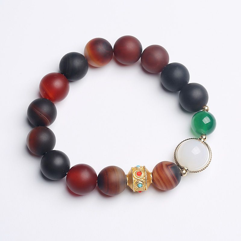 天然磨砂梦幻玛瑙手链 古法金配饰 路路通玛瑙手串尼泊尔民族风白底实物图