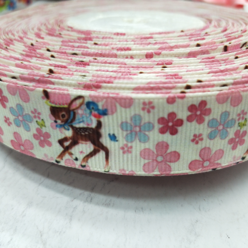 2.5CM螺纹带数码印刷 DIY制作 白底 花中麋鹿