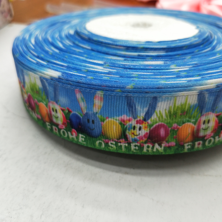 2.5CM螺纹带数码印刷 DIY制作 蓝底可爱球球兔子耳