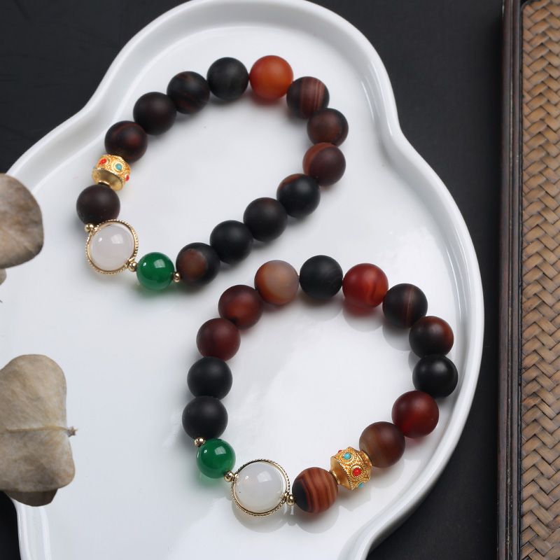 天然磨砂梦幻玛瑙手链 古法金配饰 路路通玛瑙手串尼泊尔民族风产品图