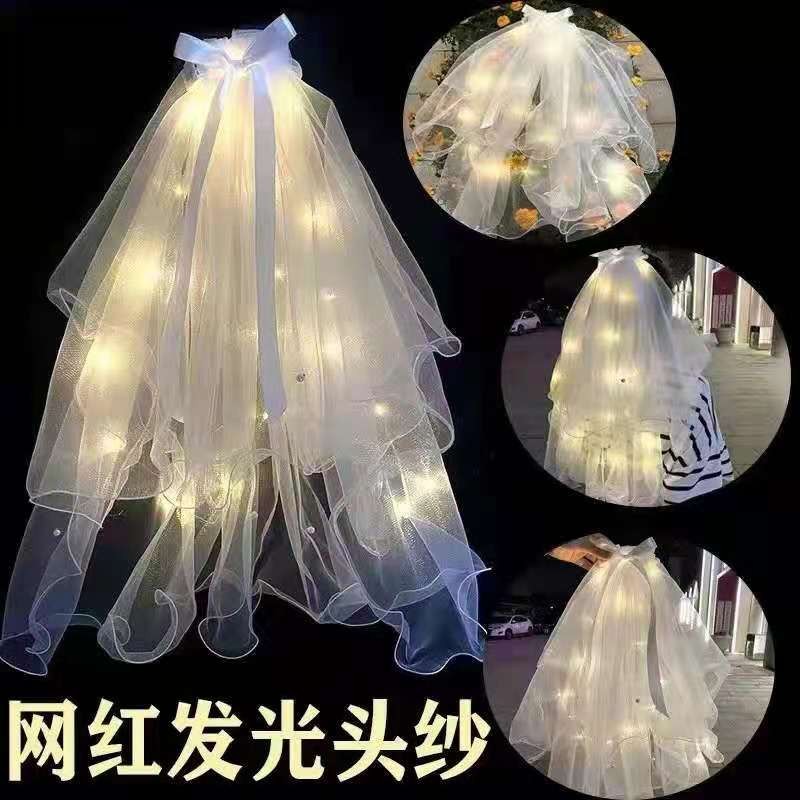 森系超仙女孩头纱发光蝴蝶结双层珍珠丝带头纱网红新浪婚礼头巾详情图2