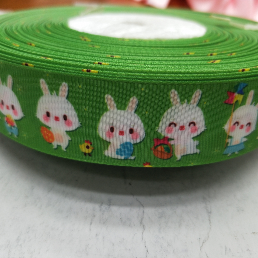 2.5CM螺纹带数码印刷 DIY制作 绿底可爱兔兔兔