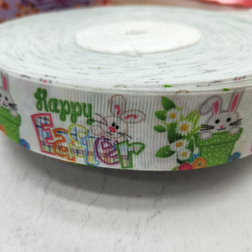 2.5CM螺纹带数码印刷 DIY制作 白底绿系小兔子