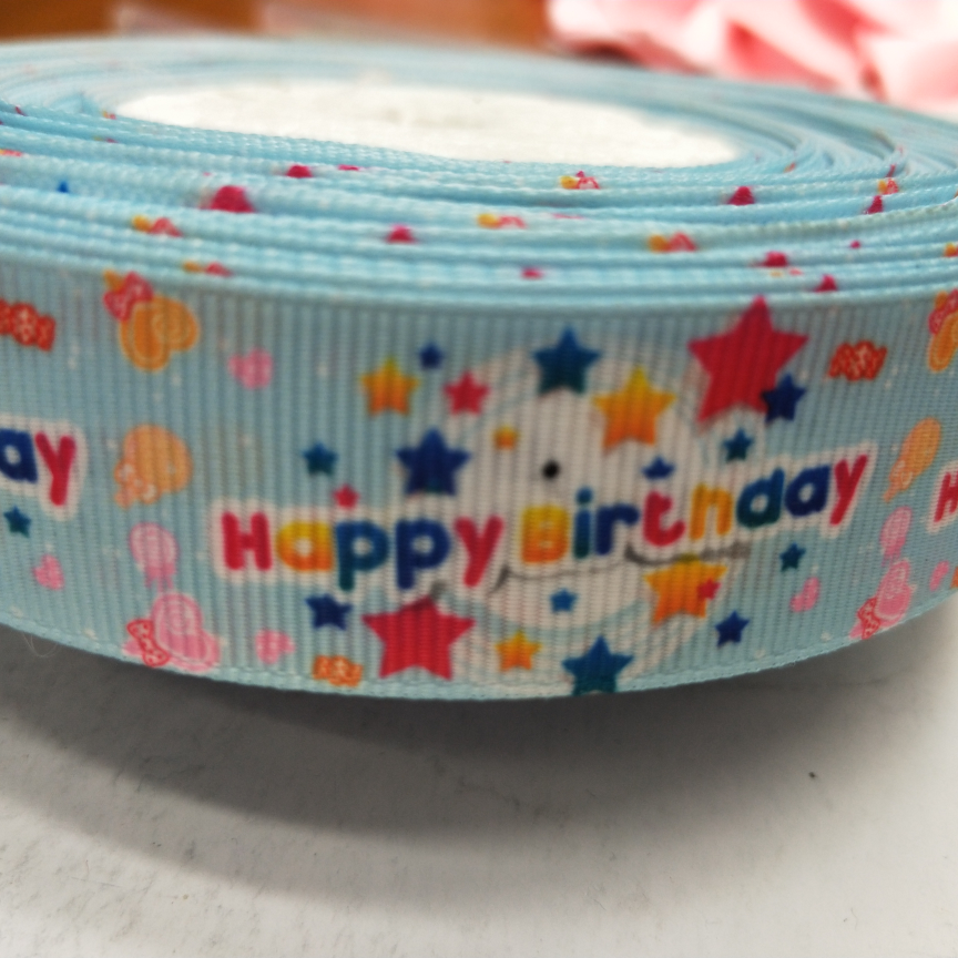 2.5CM thread with digital printing DIY production of blue background birthday series Happy birthday