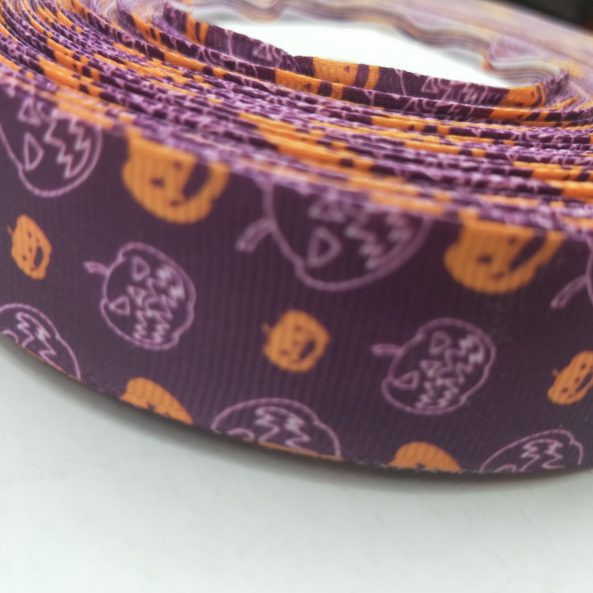 2.5CM螺纹带数码印刷 DIY制作 万圣节系列紫底黄南瓜