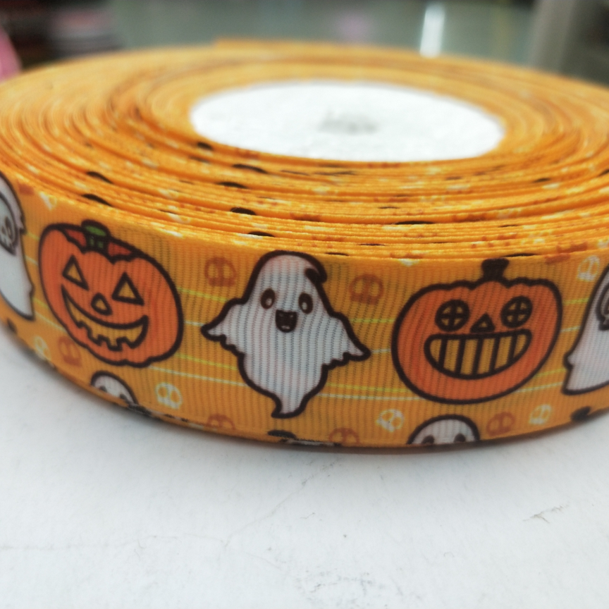 2.5CM螺纹带数码印刷  热转印 DIY制作 万圣节系列 黄底南瓜鬼