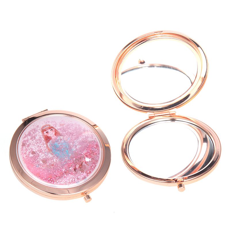 圆形流沙卡扣少女迷你化妆镜塑料流沙公主镜可随身携带图