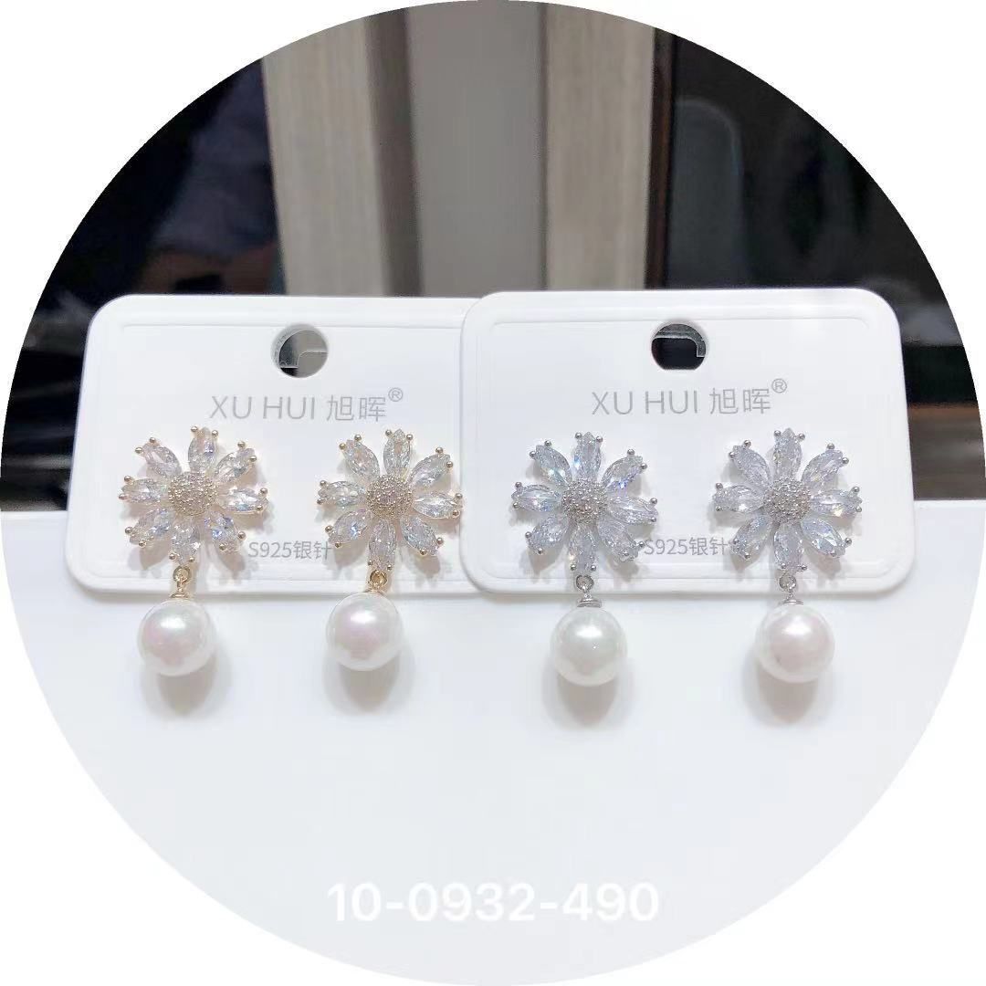S925 sterling silver needle pearl earrings