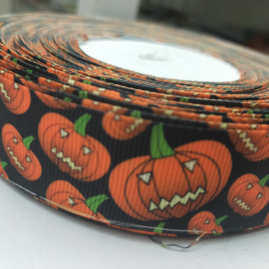 2.5CM螺纹带数码印刷 DIY制作 万圣节系列黑底嘶哑裂嘴南瓜
