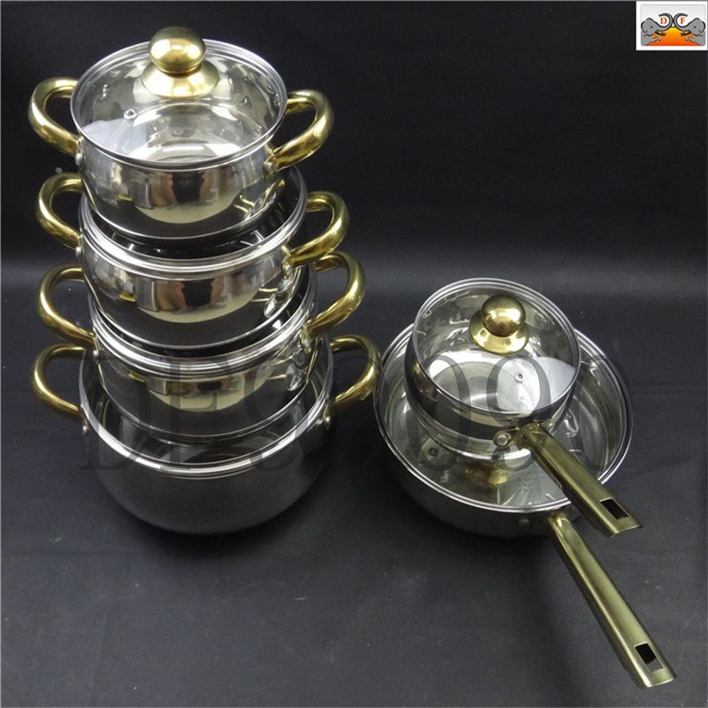 DF99090 Pearl cladding 12-piece set Stainless steel 12-piece set Gold handle set Non-stick frying pan Kettle Wholesale DF Trading House full figure
