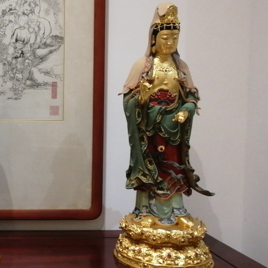紫竹莲铜佛像敦煌彩 简雕飘带站三圣 观音 68厘米093