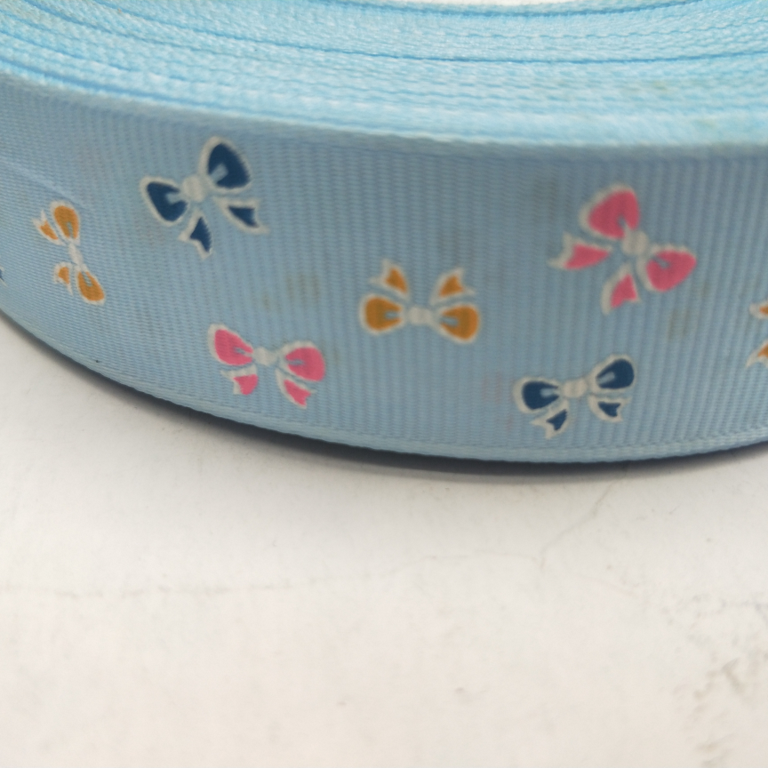 2.5CM thread with silk screen DIY production of light blue background yellow bow orchid bow pink bow