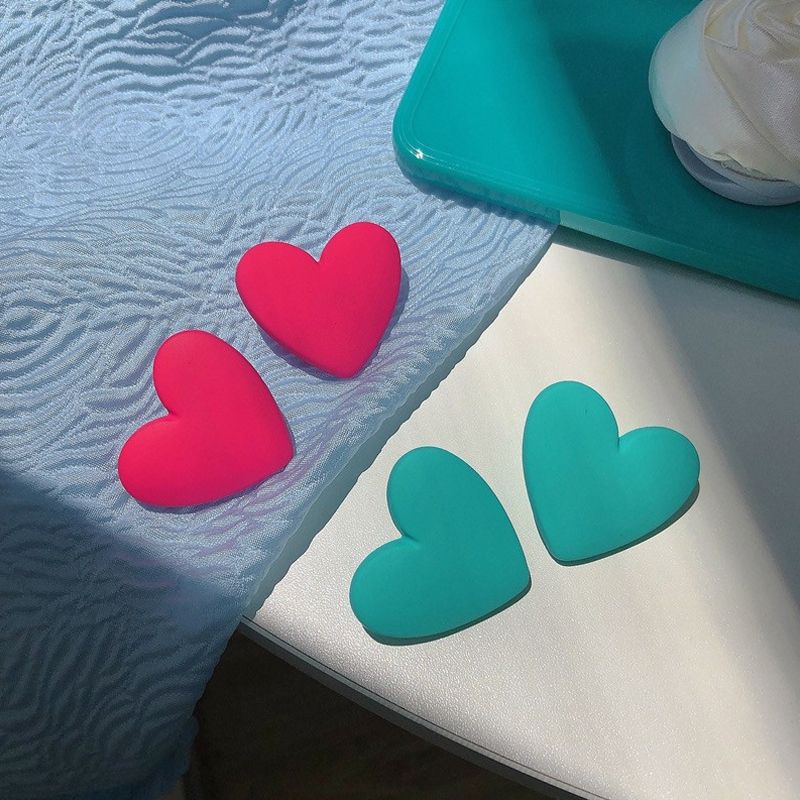 I Love These Two Colors - Lake Green + Rose Big Heart Stud Hot Girl With Love Earrings Girl