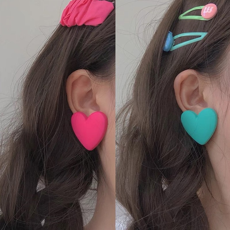 I Love These Two Colors - Lake Green + Rose Big Heart Stud Hot Girl With Love Earrings Girl Item Picture