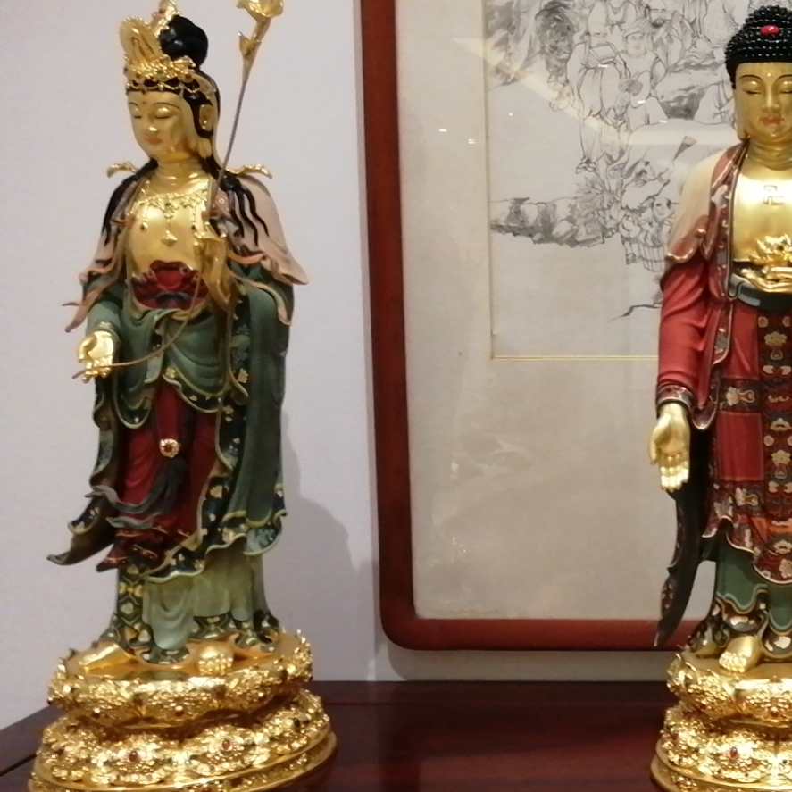 紫竹莲铜佛像敦煌彩 简雕飘带站三圣 大势至 68厘米 076