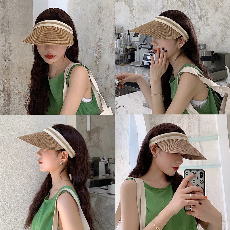 夏季拉菲草遮阳帽子女韩版简约空顶草帽出游鸭舌帽无顶发夹太阳帽